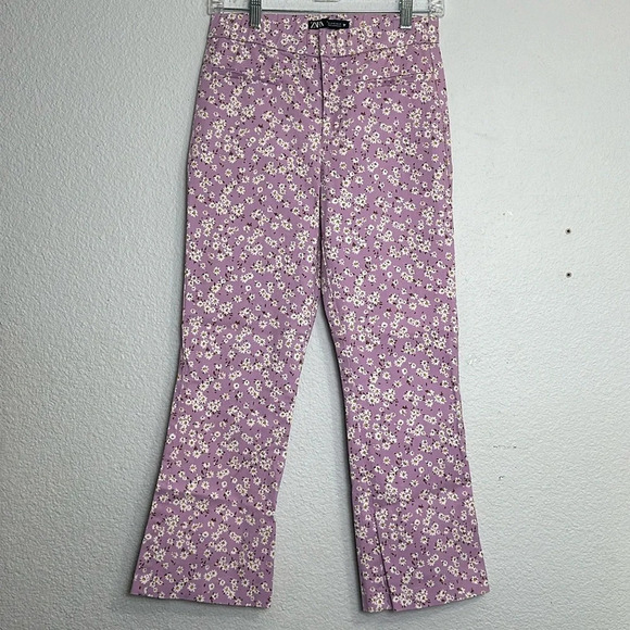 Zara Light Purple White Floral Print Flare Cropped Pants Womens Size Medium - Picture 1 of 12